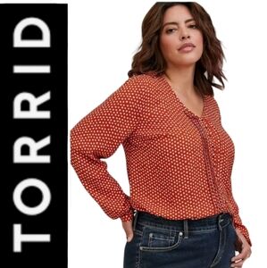 5X Polka Dot Pintuck Button Up Long Sleeve Top Tunic Torrid Orange Dainty